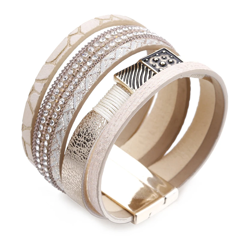 ALLYES многослойные кожаные браслеты для женщин ювелирные изделия трендовые Сплав Шарм с кристаллами в богемном стиле хаки цвет Широкий браслет обруча Femme