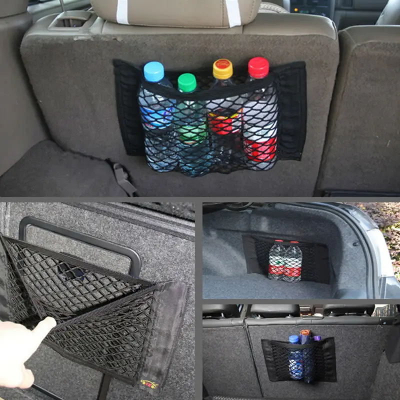 Yueser 4 Pack Car Boot Storage Nets Car Storage Pockets with Velcro Closure Car Rear Back Seat Organizer Pockets 4 Sizes