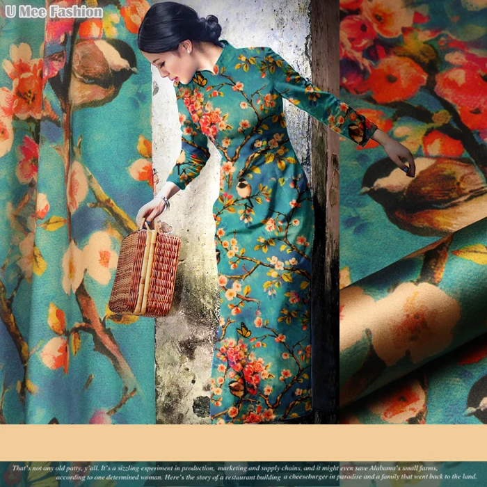 

SP625 Pure Silk/ Bird-and-Flower/ Silk Fabric Mulberry Silk 93% Silk 7% Spandex Elastic/ Width 1.29yd Thickness19mm