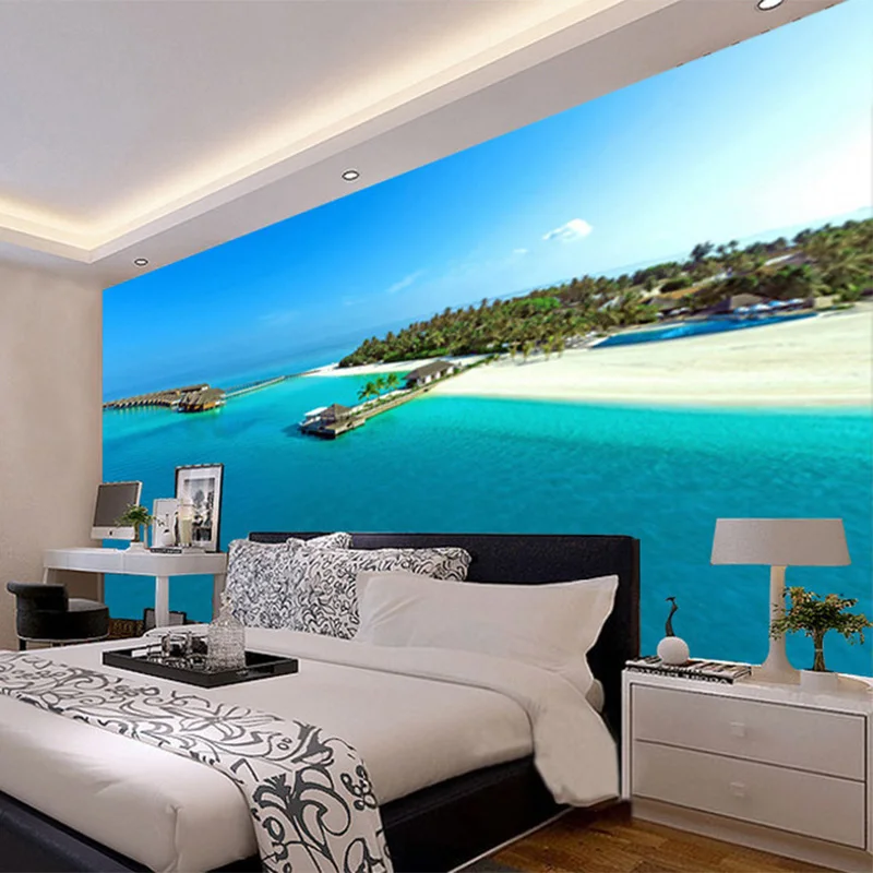 

Beautiful Maldives Beach Seaside Landscape 3D Wall Mural Wallpaper Bedside Living Room Restaurant Simple Decor Papel De Parede