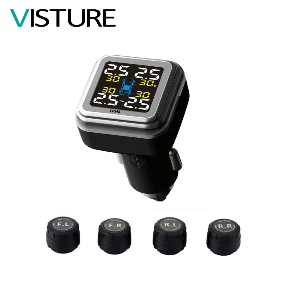 

2018 New TPMS Car Tire Pressure Alarm Monitor System Display 4 External Sensor Temperature Alarm Cigarette Lighter Visture T05W