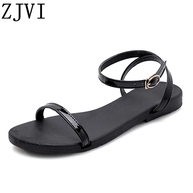 

ZJVI women summer bech patent genuine leather flat sandals woman flats black white shoes sandalias mujer 2019 for girls flats