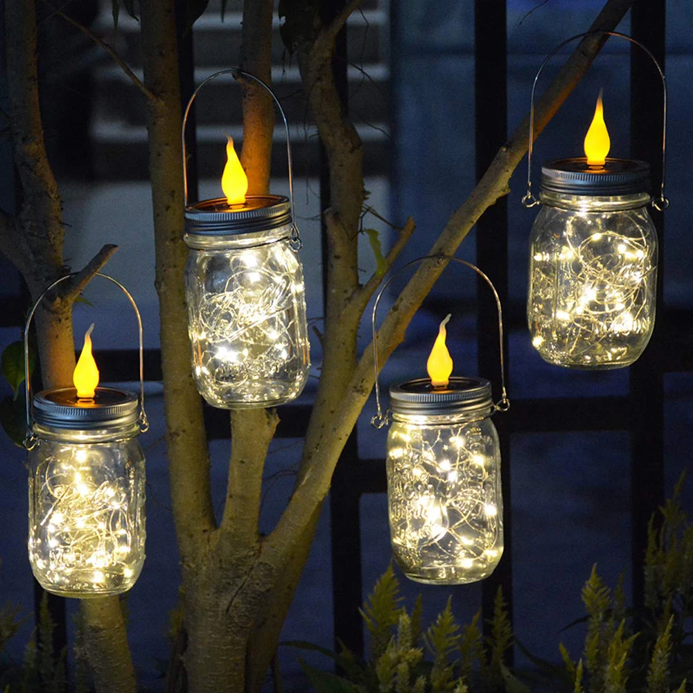 

2Pcs Solar Mason Jar Lights 10/20 Led String Fairy Star Firefly Jar Lids Lights with flameless Candle for Backyard Garden Trees