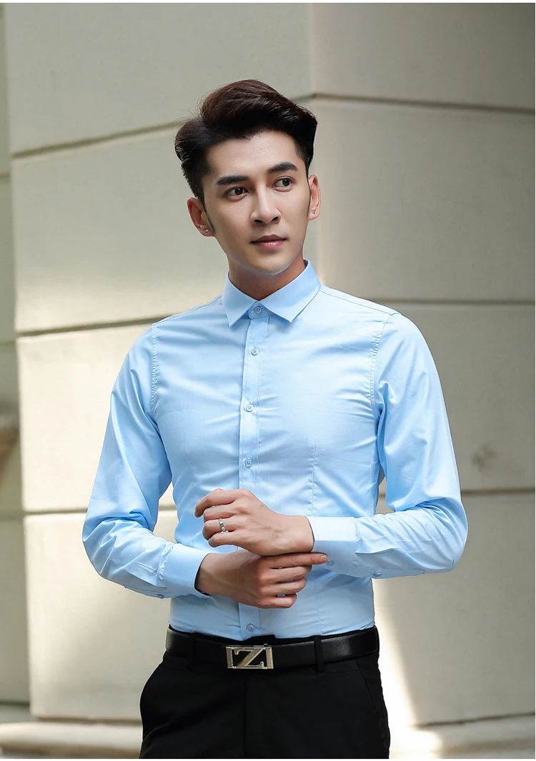 Чистого цвета мужские рубашки с длинным рукавом и тонкий дизайн Стиль рубашка Для мужчин хлопок и полиэстер рубашка из ткани мужской, Азиатский размер S-XXXXL Для мужчин рубашка