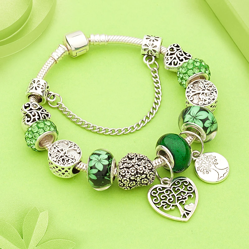 Charm Bracelets Antique Tibetan Silver Tree of Life Green Crystal Flower Bead with Heart Diy Jewelry Pulsera Mujer