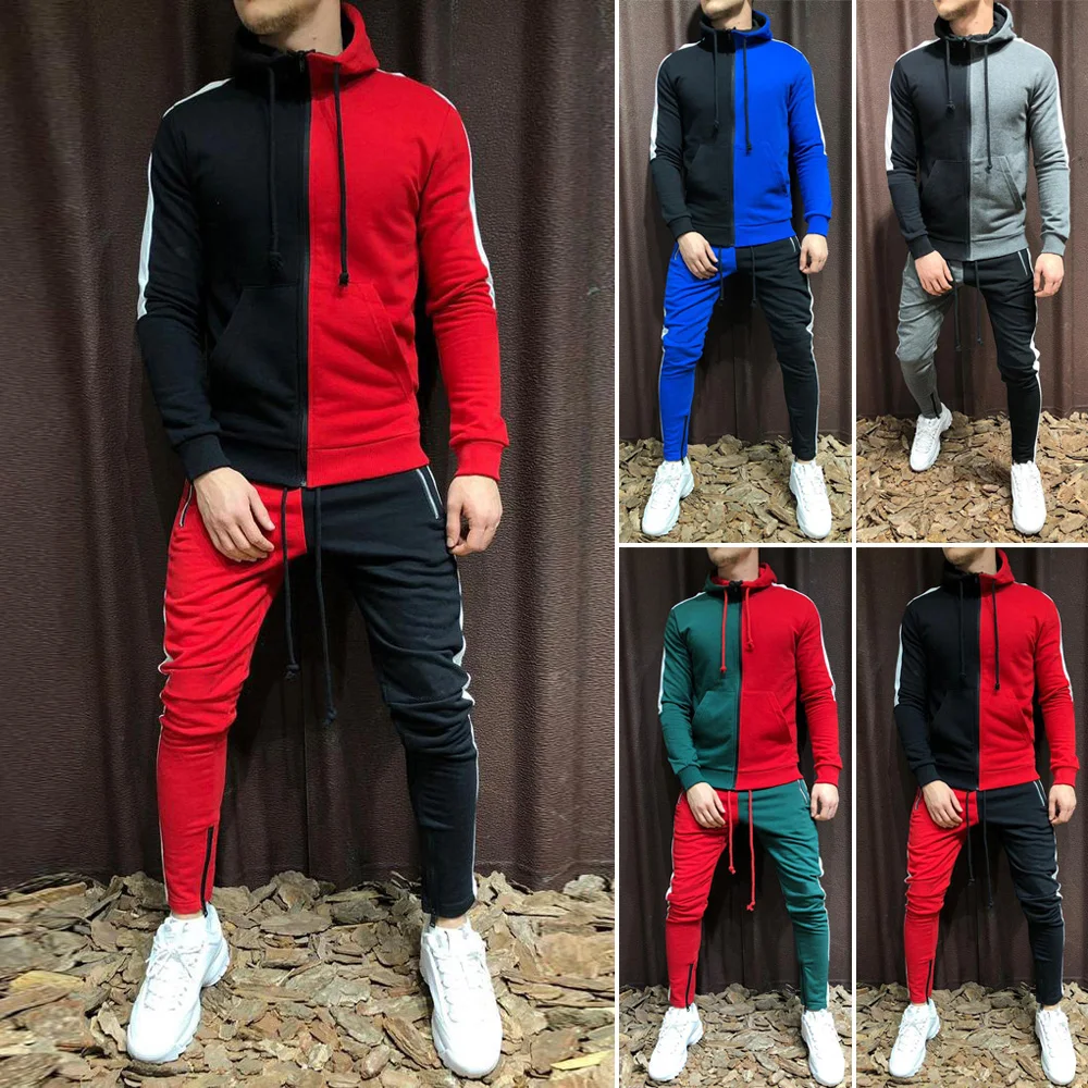 Мужские костюмы, хлопок, смесь, повседневный спортивный костюм, брюки+ карман, толстовка с капюшоном, цветной блок, молния, фитнес, комплект из двух предметов