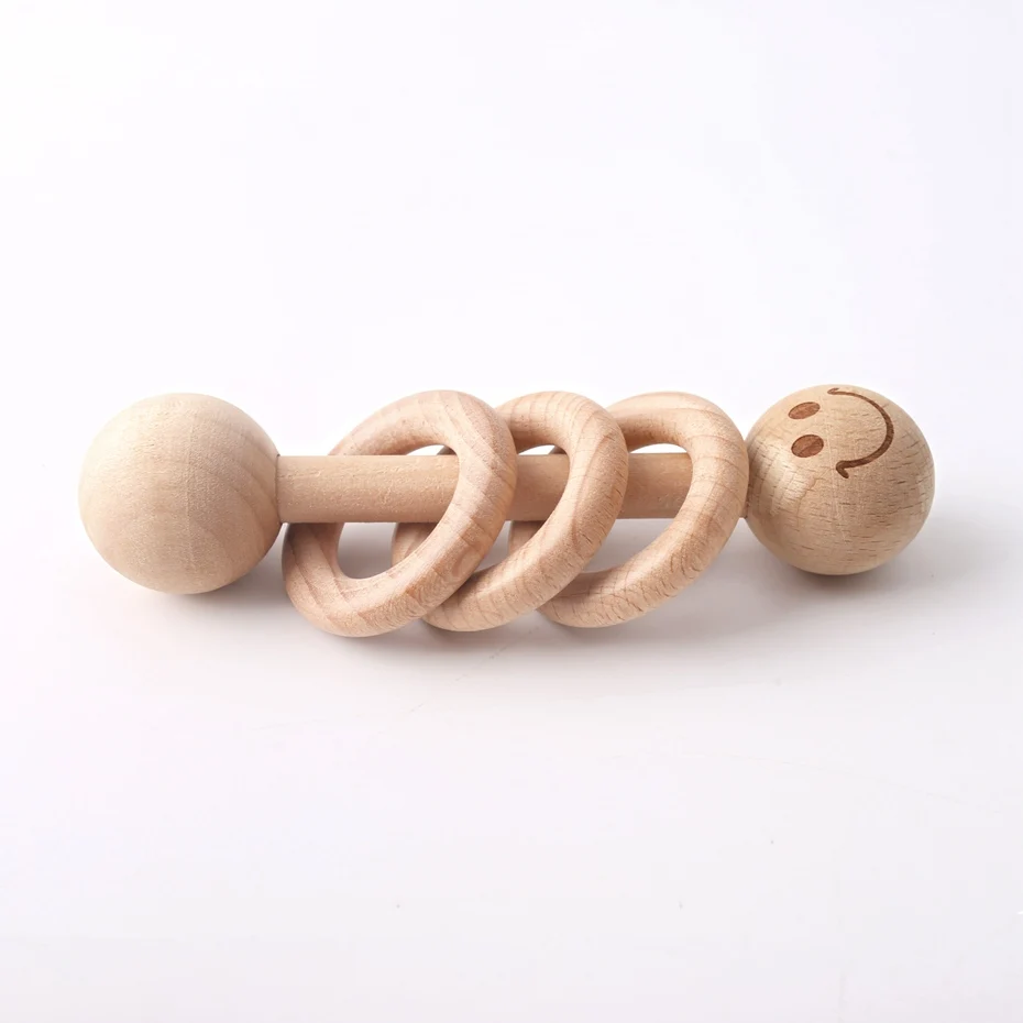 2pcs Smile Wooden Beads Teether Rattle Baby Crib Toy Food Grade Wooden Teething Interactive Toys Safe and Natural Baby Gifts