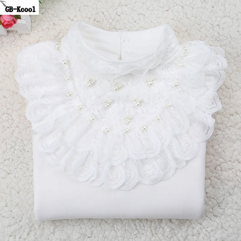 

Children Bottoming Shirt Autumn and Winter 2017 Kids Clothes Fashion White Long-sleeved Funny T-shirt Student Girls Lace Tops