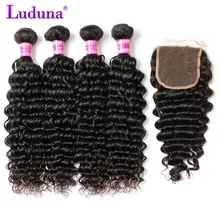 Luduna Deep Wave Bundles With Closure Human Hair Brazilian Hair Weave Bundles With Closure Remy Hair
