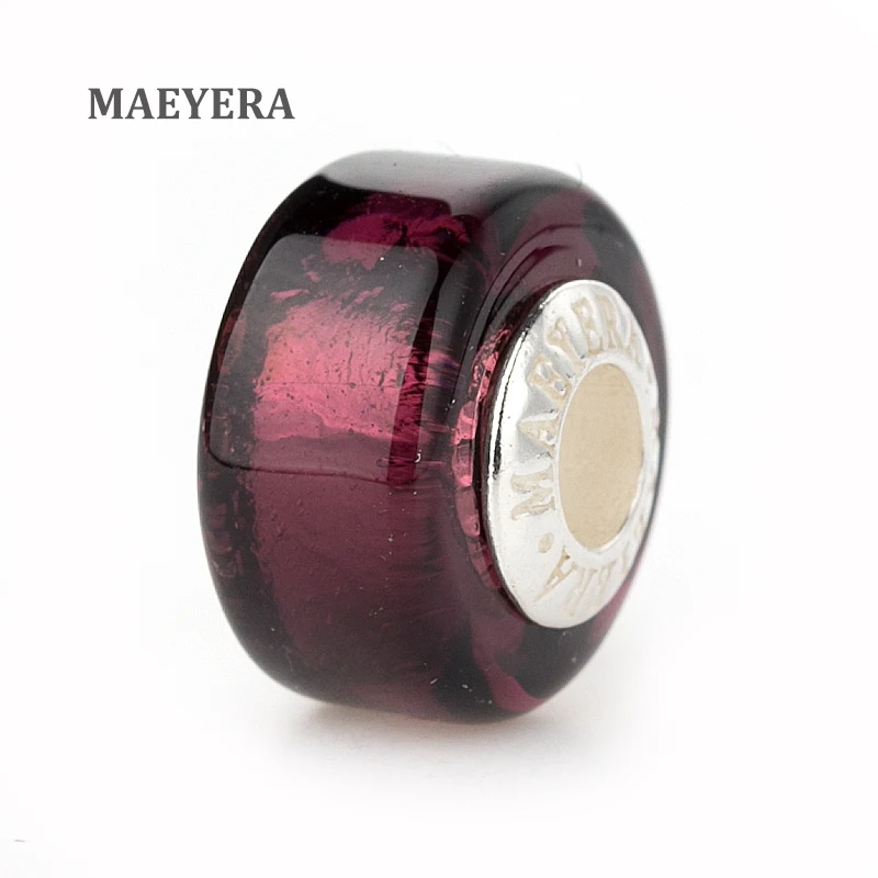 

MAEYERA Authentic 925 Sterling Silver Lampwork Beads Purple Silver Foil Murano Glass Beads Fit European Charm Bracelet 920341