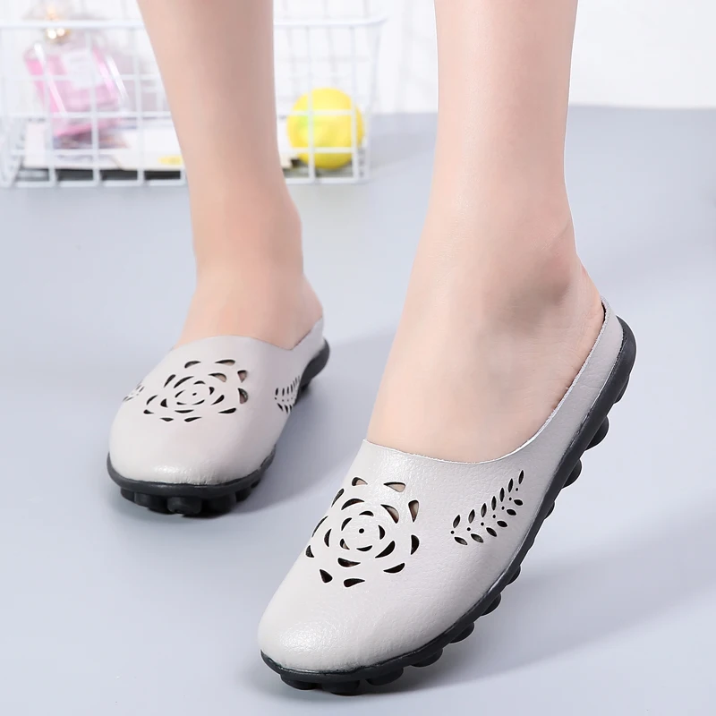 Casual Summer Shoes Woman Genuine Leather Flats Women Hollow Women's Loafers Female Solid Shoe Large Size 35-44 n794