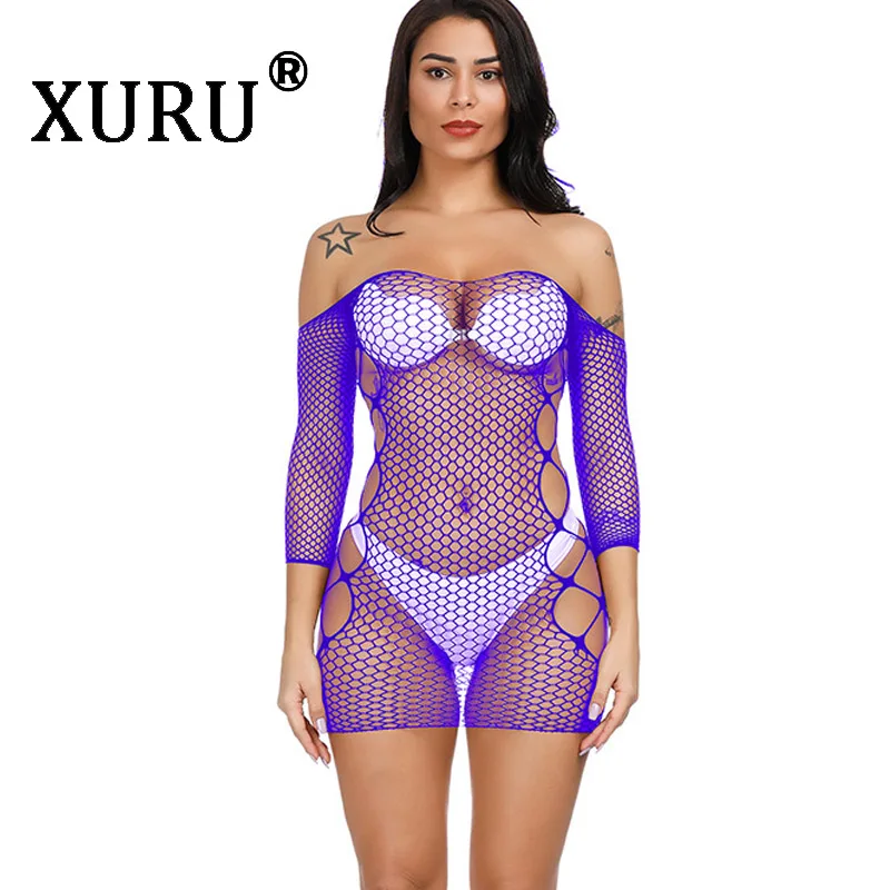 

XURU New Sexy Women's Dress Transparent Openwork Mesh Dress Club Party Tight Dress Seven-Sleeve