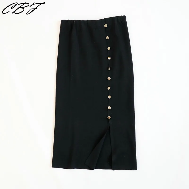 

2019 Autumn Latest style Women's Knitted Cashmere blending Skirt Solid color Button decoration high quality Split style skirt