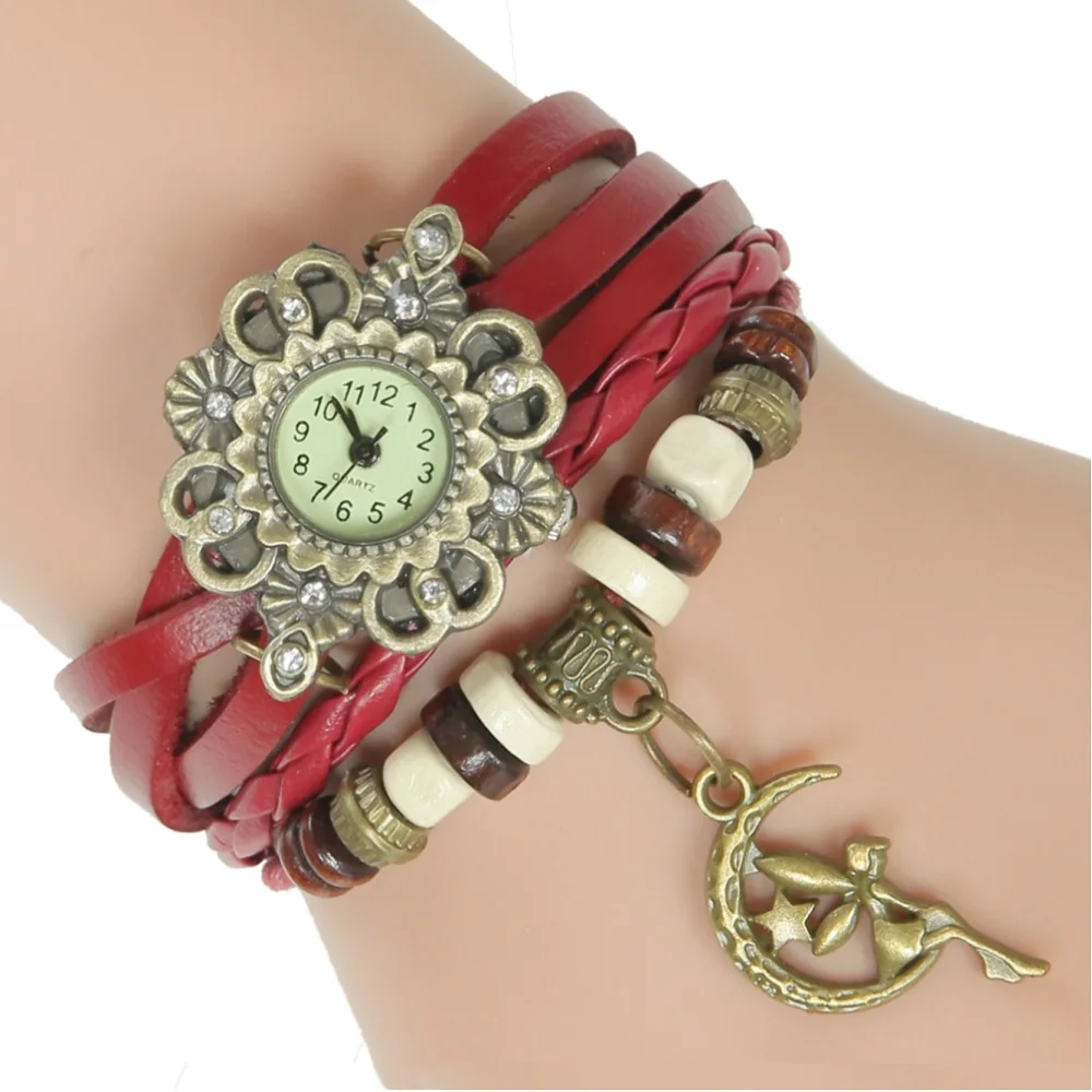 

Gnova Platinum GENUINE Leather Watch Bracelet Fairy Moon Charm Crystal Dial Vintage wristwatch Ethnic Fashion relogio para femme