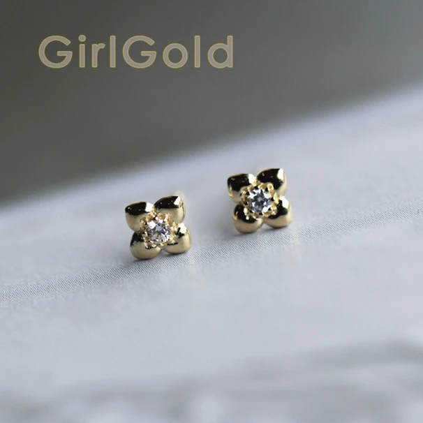 

9K Solid Gold Four leaf flowers crystal Dainty Stud Earrings Jewelry Minimal Style bridal shower bridesmaid Victorian Vintage