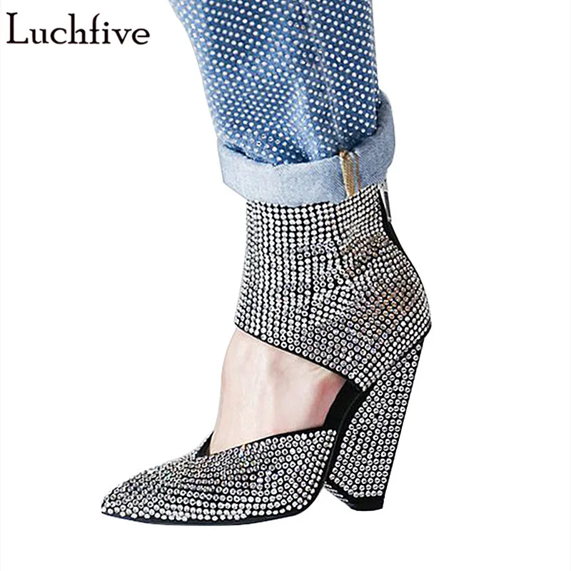 

Luchfive Studed Rhinestone Boots for Women T-show Pumps Pointed Toe Spike High Heel Ankle Boots For Women 2019 New Style