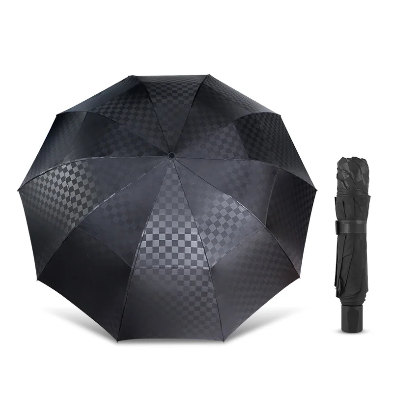 

Double Layer Big Umbrella Rain Women Men 3 Folding Windproof Business Umbrellas Dark Grid Parasol Family Travel Rain Gear U5B004