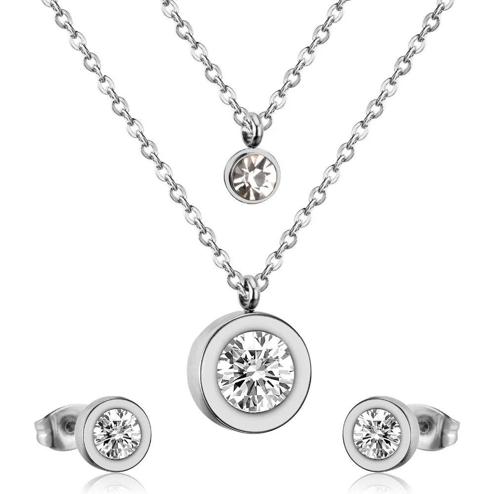 Комплект украшений LUXUSTEEL с двойным круглым кулоном из нержавеющей стали фианитом