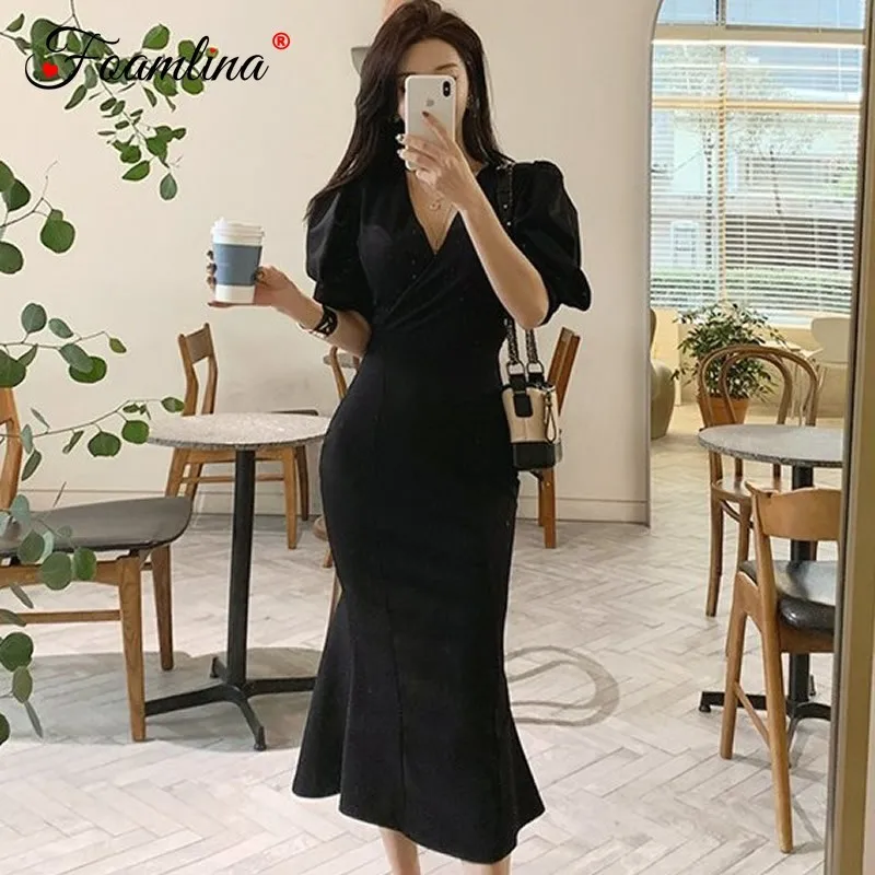 

Foamlina Elegant Women Black Bodycon Dress Sexy V Neck Short Puff Sleeve Retro Ladies Wear to Work Party Sheath Dress Summer