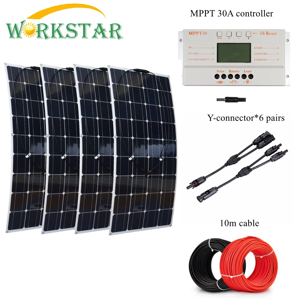 

4pcs 100W Flexible Solar Panel with MPPT 30A Controller and MC4 Y-connectors For 12V Battery Solar Charger Houseuse Solar Kit