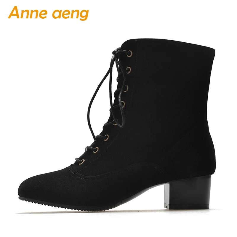 Koop 2019 nieuwe Herfst winter vrouwen enkellaars midden hakken vierkante teen zip dames snowboots zwart winter vrouwen schoenen plus size 33 45