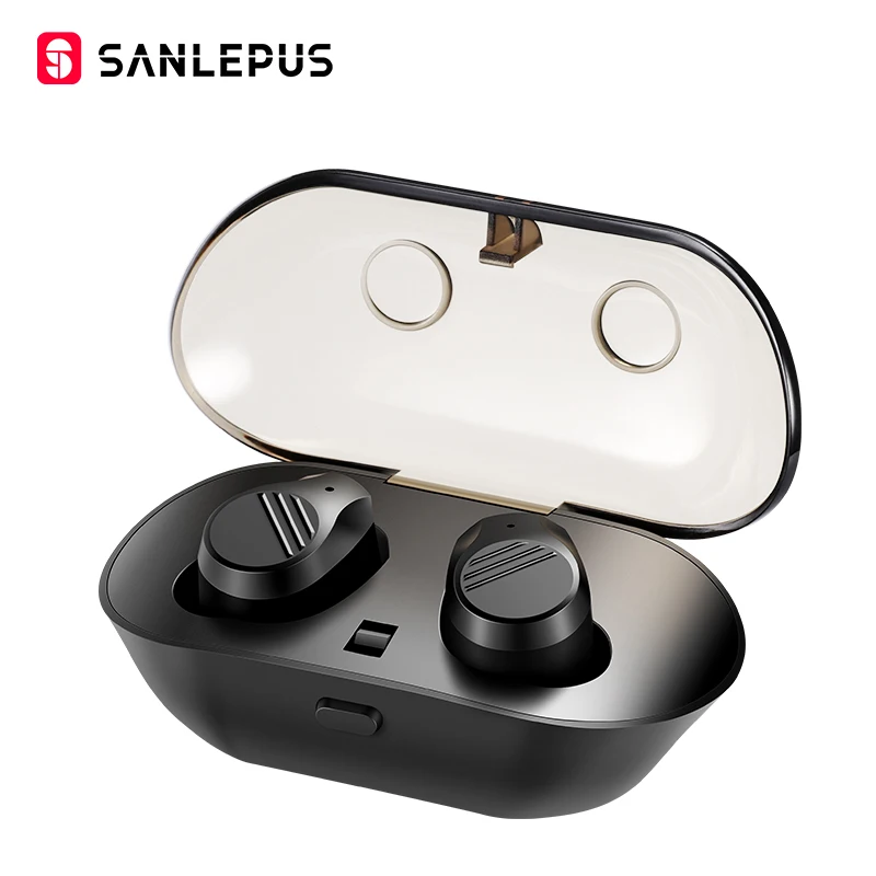 SANLEPUS Мини Bluetooth наушники Беспроводные спортивные наушники TWS 5,0 стерео гарнитура с микрофоном и зарядным устройством для телефонов и музыки - Цвет: Черный