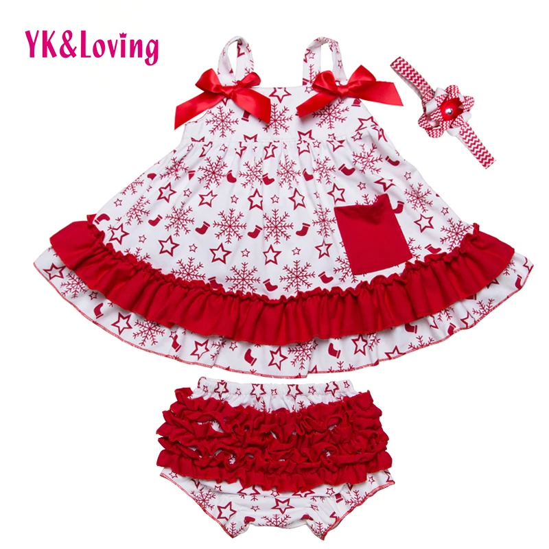 

Christmas Clothes Newborn Baby Swing Top Girl Snowflake Ruffle Sling Bat Shirt + Red Bow Bloomers Briefs Sets Infant X011