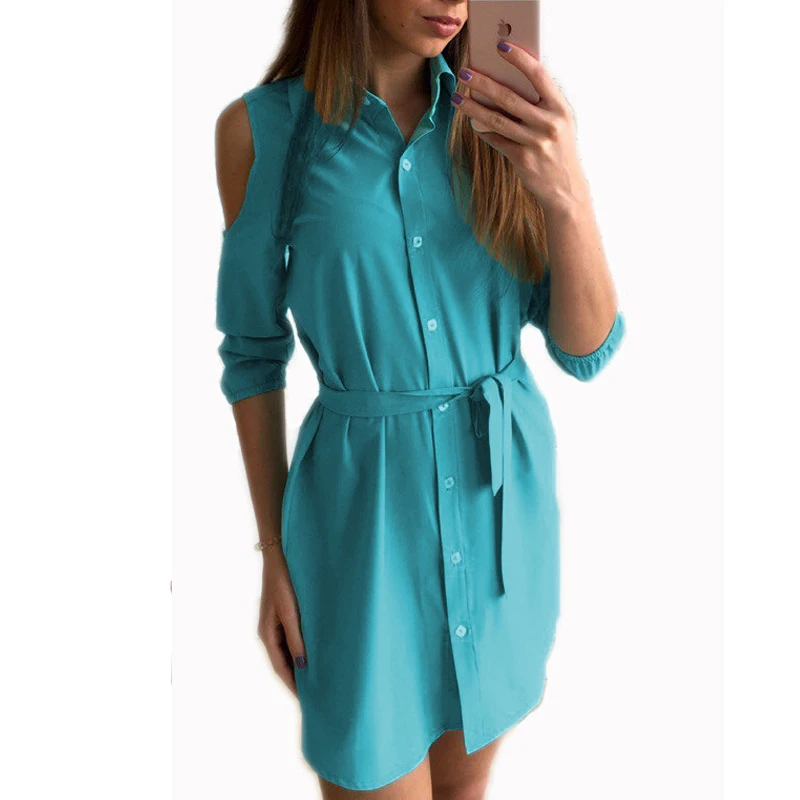 

2018 Dress Women Summer Cold Shoulder Shirt Dresses Turn Down Collar Slim Button Casual Mini Party Dress Woman Clothes LJ5009X
