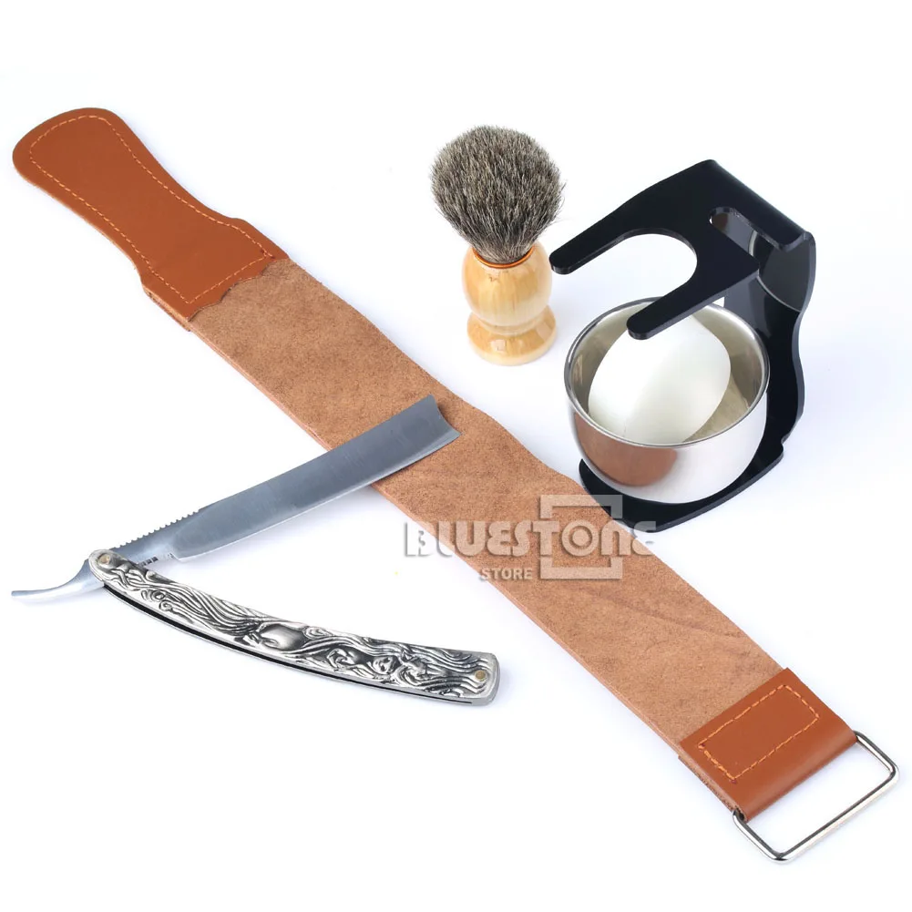 Image New 6 in 1 Men s Barber Shaving Set Straight Razor + Leather Strap + Brush + Black Stand + Bowl + Soap Free Shipping