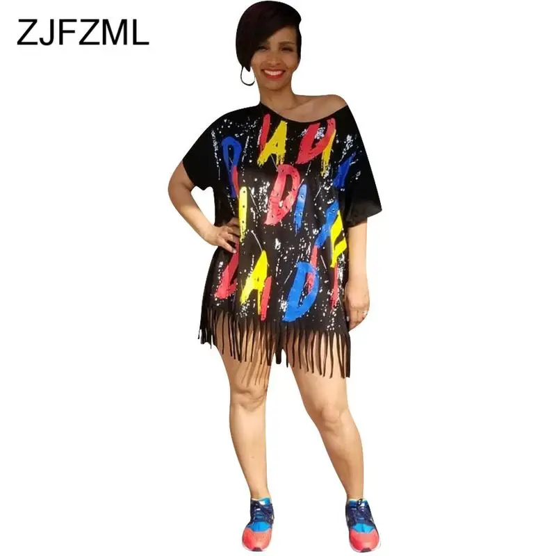 

Colorful Letter Print Sexy Tassles Dress Women One Shoulder Short Sleeve Plus Size Dress Streetwear Female Mini T Shirt Dresses