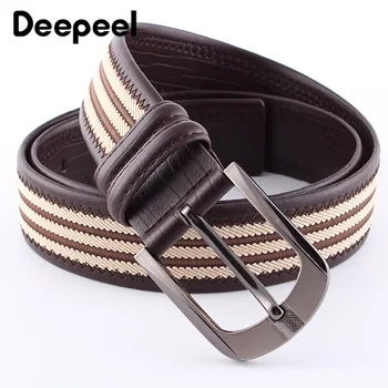 

Deepeel 1pc 105-125cm Woven Men Belt Luxury Retro Genuine Leather Cow Hand Knitted Pin Buckle Canvas for Jeans Girdle Male Belt