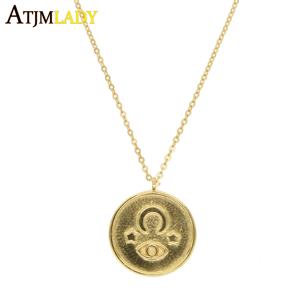 

gold color lucky sign symbol necklace lovely girl gift 925 sterling silver pendant chain evil eye star Moon engraved jewelry