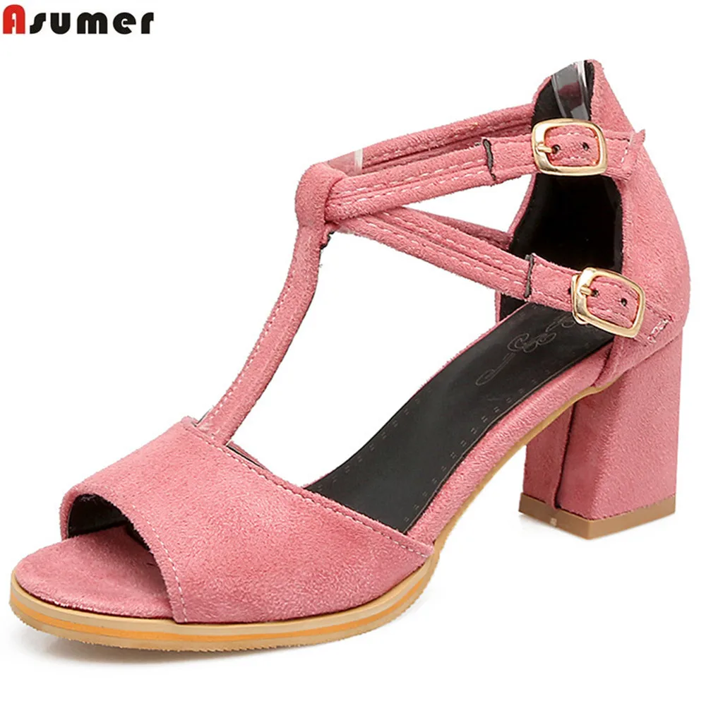 

ASUMER pink black fashion 2018 summer shoes buckle square heel casual big size 32-43 women high heels sandals