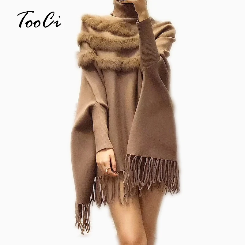 Online Frauen Echt Kaninchen Pelz Mantel Pullover Mantel Neue Ankunft Mode Herbst Dame Hohe Kragen Fledermaus Ärmel Quaste Poncho Pullover Mantel