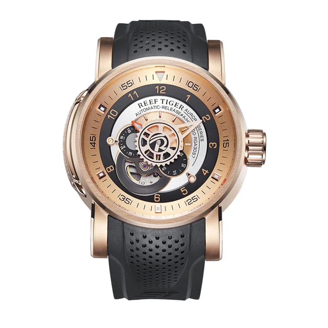 Reef Tiger RGA30S7 мужские часы нового дизайна с выдолбленным циферблатом 100 м водонепроницаемые автоматические механические наручные часы-Silve