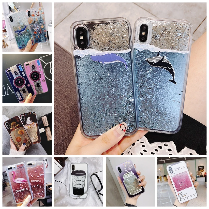 Delfín de dibujos animados arenas movedizas funda para teléfono para iPhone X 7 6 6 s Plus dinámica brillo lentejuelas casos de la cubierta para iPhone 8 Plus XS MAX XR