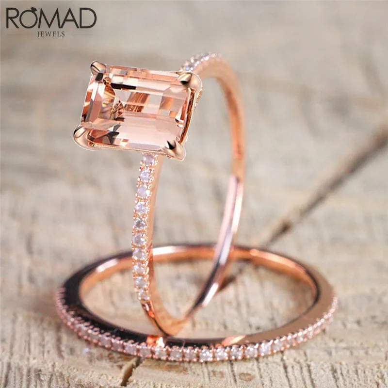 

GS 2 Pcs/Set Crystal Ring Size 6-10 Jewelry Rose Gold Color Rings For Women Men Gift Engagement Wedding Finger Ring Set 2018 R5