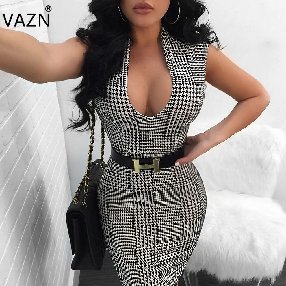 

VAZN New Fashion Design 2018 Bandage Dress Women Sleeveless Print Dresses V-Neck Sexy Summer Dress R6036