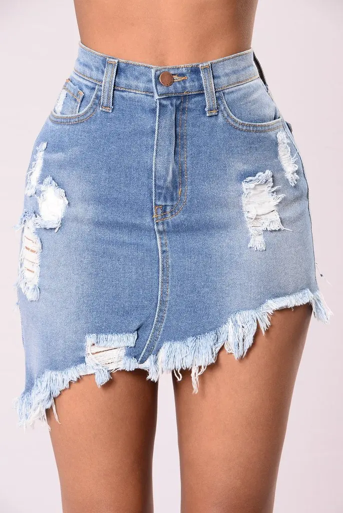 Denim Skirts Women High Waist Ripped Holes Blue Denim Skirt Pocket 