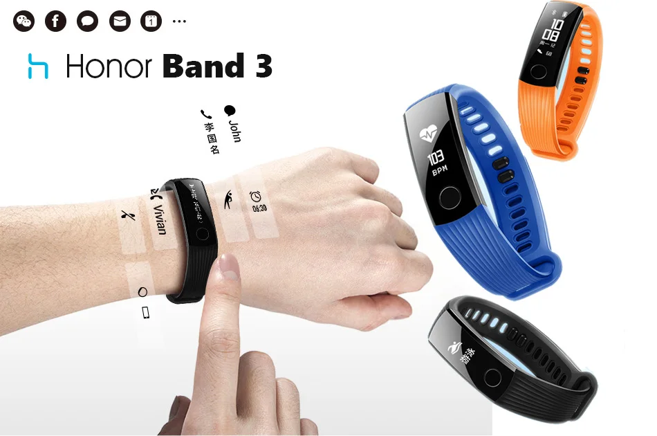 Honor Band 3 Смарт-браслет для плавания 5ATM 0,9" OLED экран тачпад монитор сердечного ритма Push сообщение