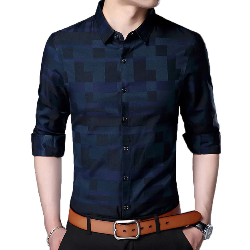 

20 Color Brand 2019 Spring New Men's Casual Slim Shirt Fashion Business Cotton Plaid Long-sleeved Shirt Clothes Plus Size 3XL