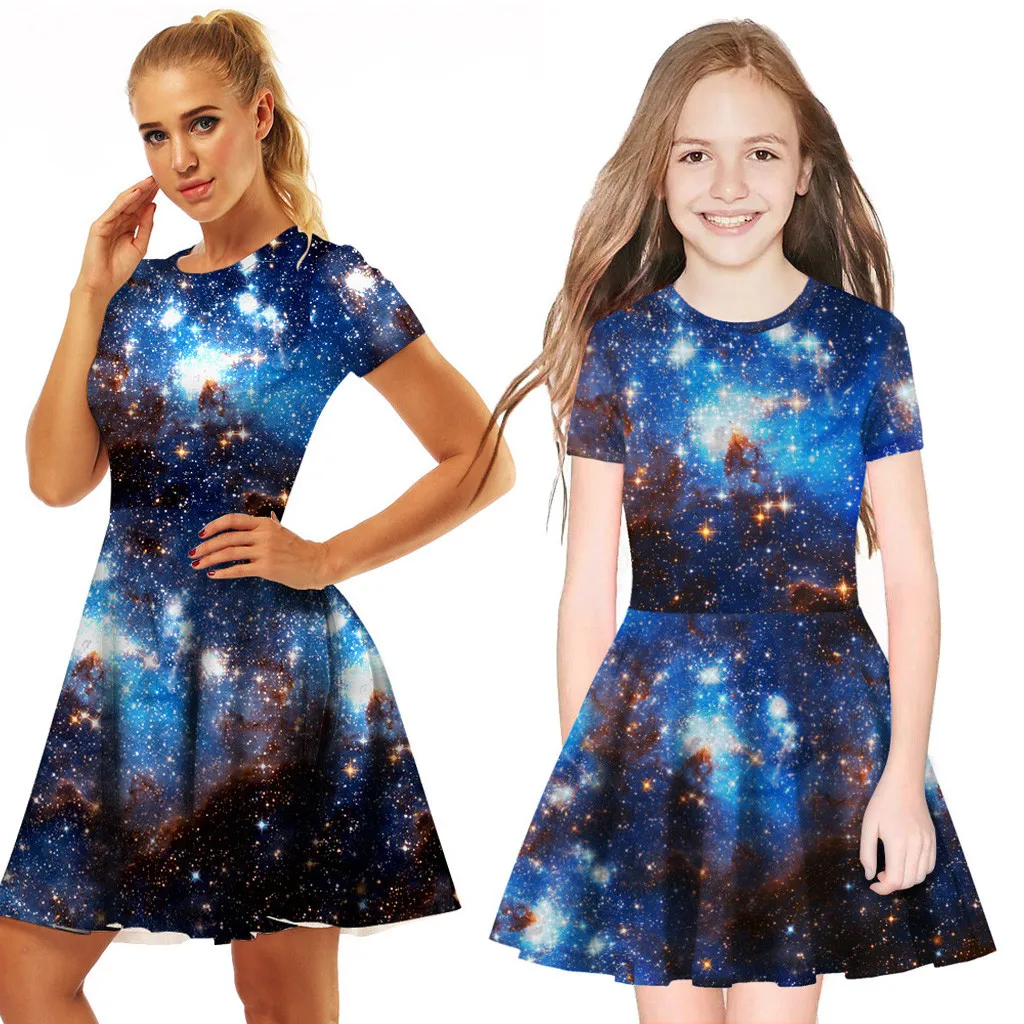 

2019 New Hot Sale Mommy＆Me Kids Girl Galaxy 3D Digital Printing Princess Casual Pleated Dress Drop shipping @20