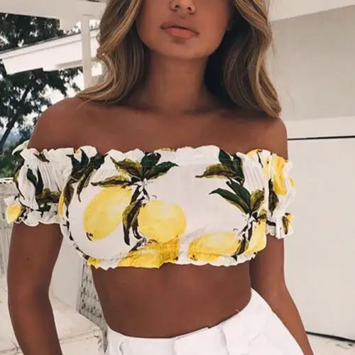 

Newest Fashion Women Sexy Lemon Casual Off Shoulder Ladies Top Vest Crop Tops T-Shirt 2018 Hot