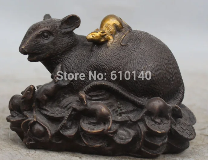 

Chinese Bronze Gilt Wealth Yuanbao Money Mouse Rice Kid Family Treasure Statue