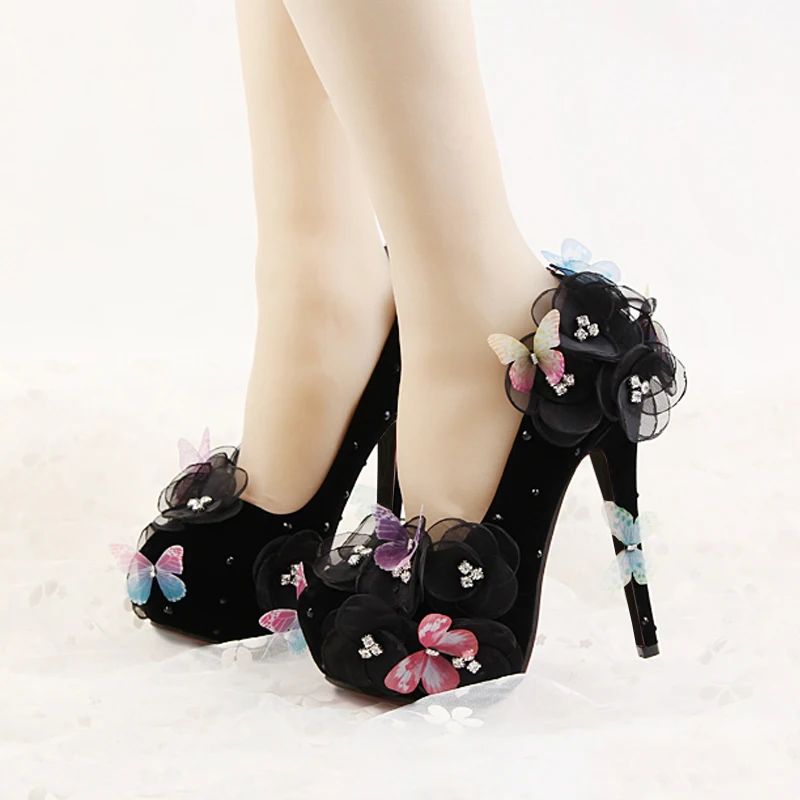 

Custom Black Butterfly Flowers Decorate 34-39 Lady Bride Round Head Handmade Slip-on Shallow Wedding Bride Wearing Shoes