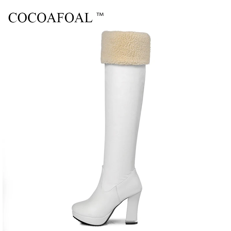 

COCOAFOAL Winter Woman White High Heeled Shoes Sexy Plus Size 33 43 Chelsea Over The Knee Boots Black Zipper Thigh High Boots