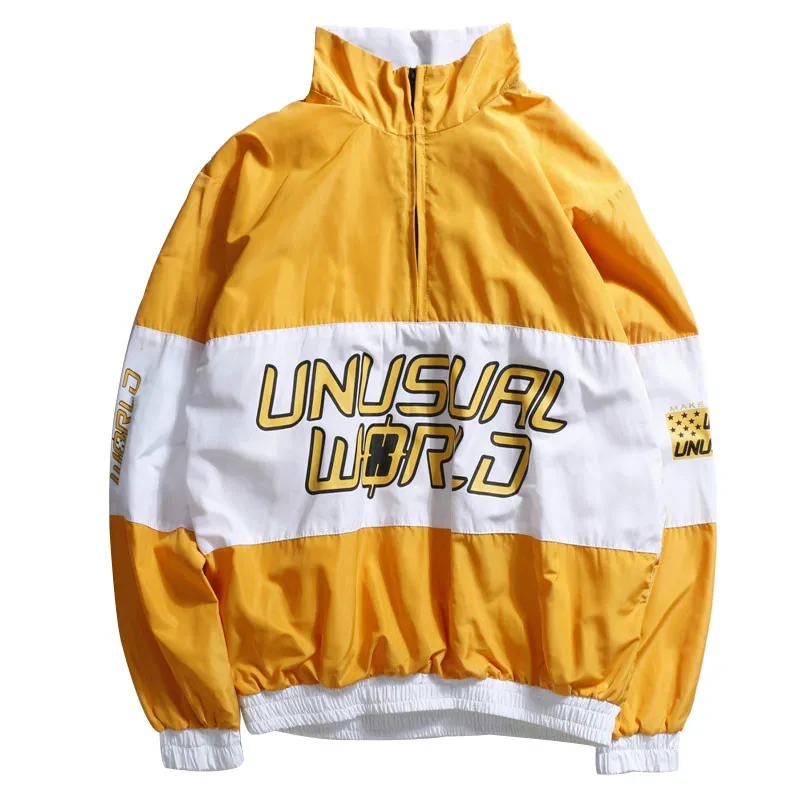 

Yellow Pullover Patchwork Block Color Windbreaker Jacket Men Zip Up Streetwear Hip Hop Male Coat Spring Windcheater Letter Print