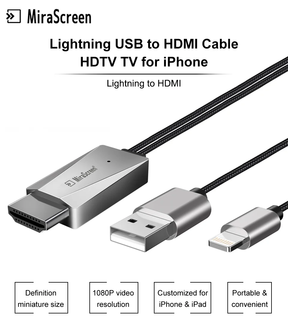 Mirascreen USB к HDMI кабель дисплея для освещения к HDMI кабель для apple ios телевизионный HD кабель для iphone X iphone 8 7 6 5 ipad ipod