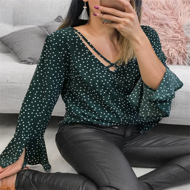 

Polka Dot Print Long Flare Sleeve Women V-neck Front Cross Polyester Shirts Ladies Tops Korean White Black Army Green Blouse