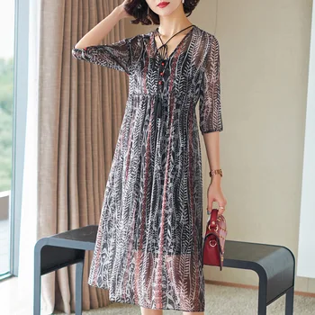 

Summer Dress Chiffon Woman 2019 New Fashion Printed V-Neck Half Sleeves Loose A-Line High Waist Casual Dress Midi S-XL